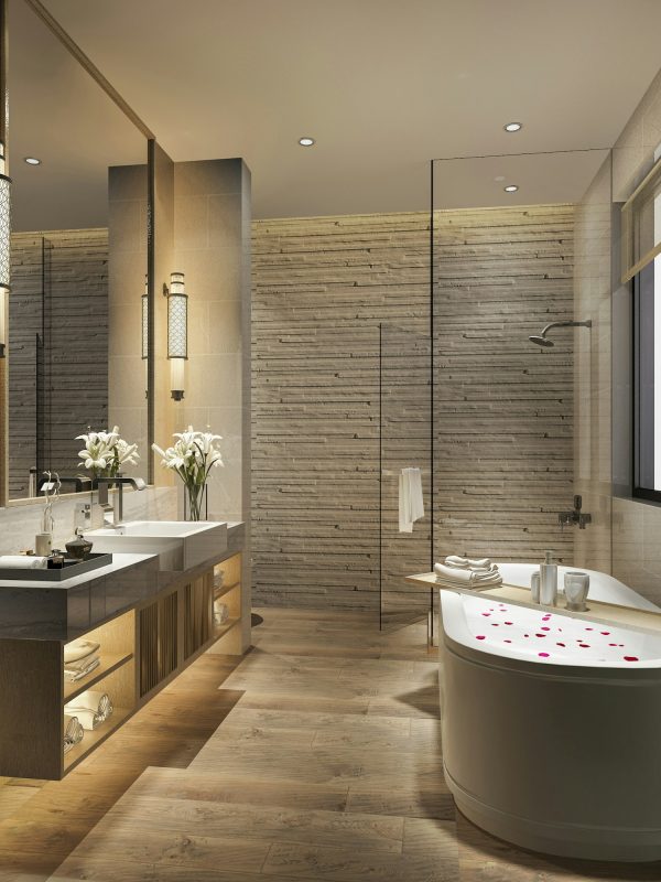 3d rendering modern bathroom with luxury tile decor