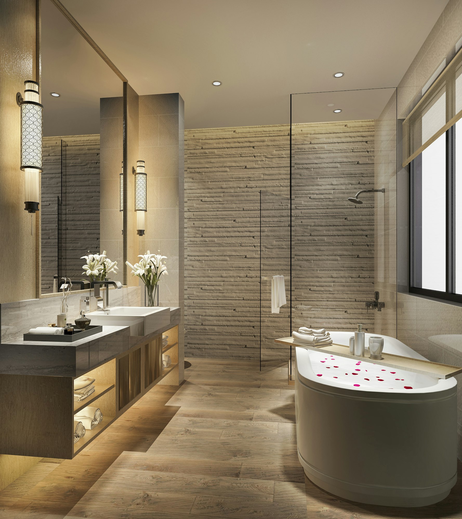 3d rendering modern bathroom with luxury tile decor